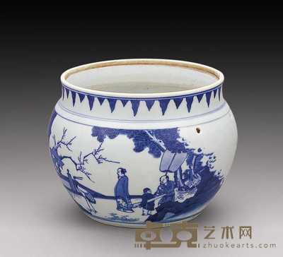 清康熙 青花人物纹粥罐 高15.5cm；直径17.5cm